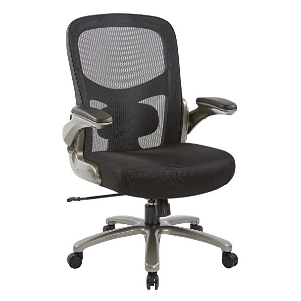 Office Star Big and Tall Mesh Back and Padded Mesh Seat Executive Chair with Adjustable Lumbar Support, Adjustable Flip Arms, and Titanium Accents, Black