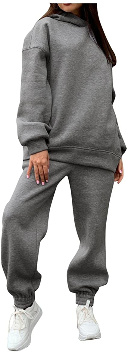 Hemlock Women 2pcs Outfits Solid Color Hooded Pullover Sweatshirts Sport Sweatpants Sweatsuit Jogger Set