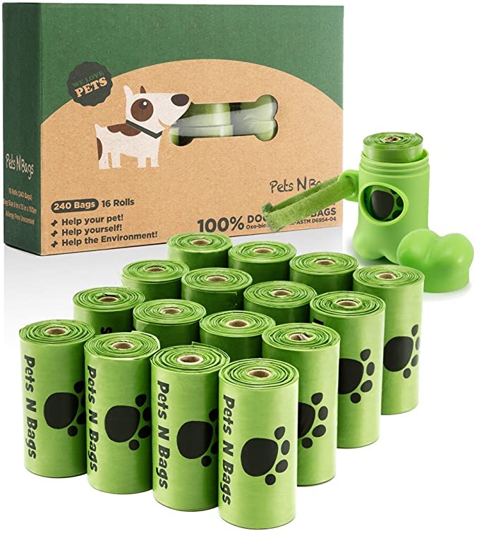 Poop Bags, Environment Friendly Pets N Bags Dog Waste Bags, Biodegradable, Refill Rolls, Includes Dispenser (16 Rolls / 240 Count)