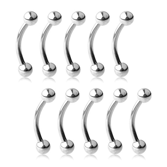 Ruifan Lot of 10 Eyebrow Piercing Jewelry Curved Barbell with Ball Kit Eyebrow Tragus Lip Ring 16g 16 gauge 6-12mm