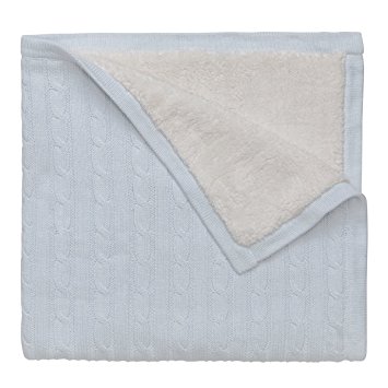 Elegant Baby 100% Cotton, Machine Washable, Easy Care, Classic & Timeless Wide Cable Knit Blanket with Wide Border and Lined in Faux Fur 30 x 30" in Blue