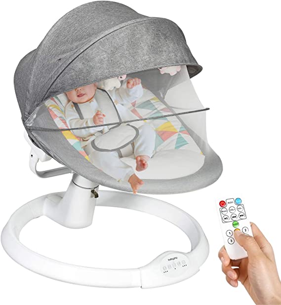 COSTWAY Electric Baby Bouncer Chair with Remote Control, Removable Mosquito Net, 5 Swing Amplitudes & 3-Stage Timing Function, Bluetooth USB Music Rocking Bed for Newborn Infant (Grey)