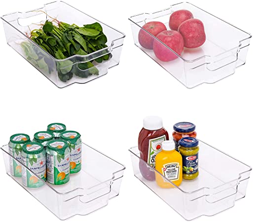 StorageWorks Large Stackable Fridge Organizer Bins, Plastic Storage Bins with Handles for Freezer or Pantry, Clear Refrigerator Containers for organizing, BPA-Free, 12.2" L X 8.5" W X 3.5" H, 4-Pack