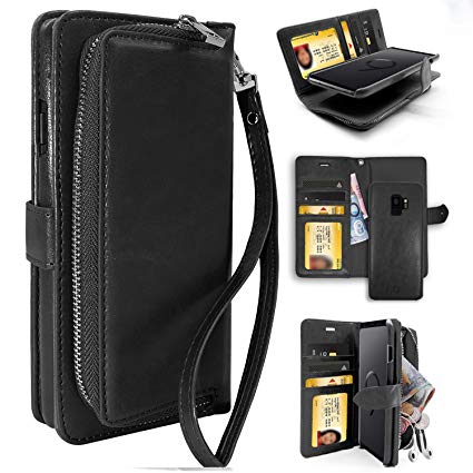 Galaxy S9 Case, ZUSLAB Premium PU Leather Folio Wallet Zipper Purse Card Holder, Magnetic Detachable Slim PC Back Cover for Samsung S9, 2018 (Black)