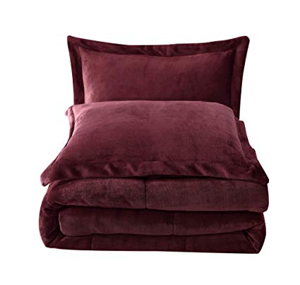 Chezmoi Collection 3-Piece Micromink Sherpa Reversible Down Alternative Comforter Set (King, Burgundy)
