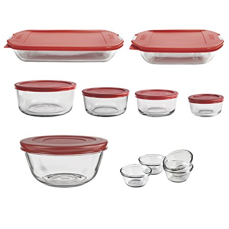 Anchor Hocking Bakeware, Mixing Bowl, Prep Bowls, and Classic Glass Food Storage Containers with Lids, Red, 30-Piece Set