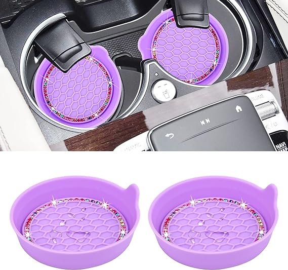 Amooca Car Cup Coaster Universal Non-Slip Cup Holders Bling Crystal Rhinestone Car Interior Accessories 2 Pack Purple Coloured