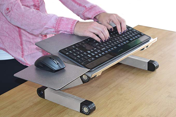 WorkEZ Keyboard and Mouse Tray ergonomic adjustable height angle negative tilt sit to stand up on-desk table-top desktop standing computer stand riser lift raise keyboards to standing height,silver