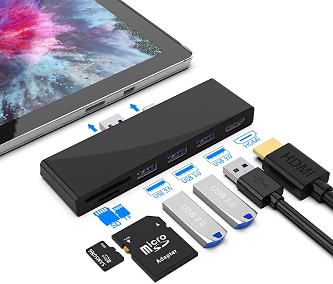 Docking Station for Surface Pro 4/Pro 5/ Pro 6, Read SD/Micro SD Card, USB Hub with 4K HDMI, USB 3.0 x 3. USB Adapter for The 4th/5th/6th-gen Surface Pro 2017/2018