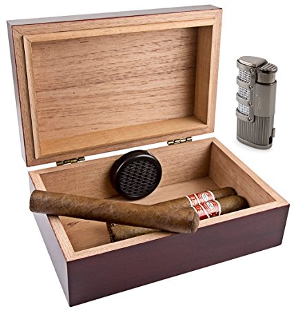 Scorch Torch Travel 10 Cedar Wood Cigar Humidor Humidifier & Olympus Triple Jet Flame Butane Torch Cigarette Cigar Lighter Combo Set with Punch Cutter Tool