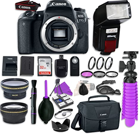 Canon EOS 77D DSLR Camera Body with   Flash   LED Video Light, Close-Up Lens Set, 32GB Card   Accessory Bundle