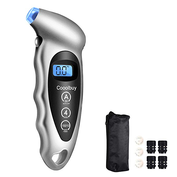 Cooolbuy Digital Tire Pressure Gauge 150 PSI 4 Settings with Balcklight LCD and Non-Slip Grip-Button Cells,Tire Valve Caps,Carry Bag Included (Silvery-1 Pack)