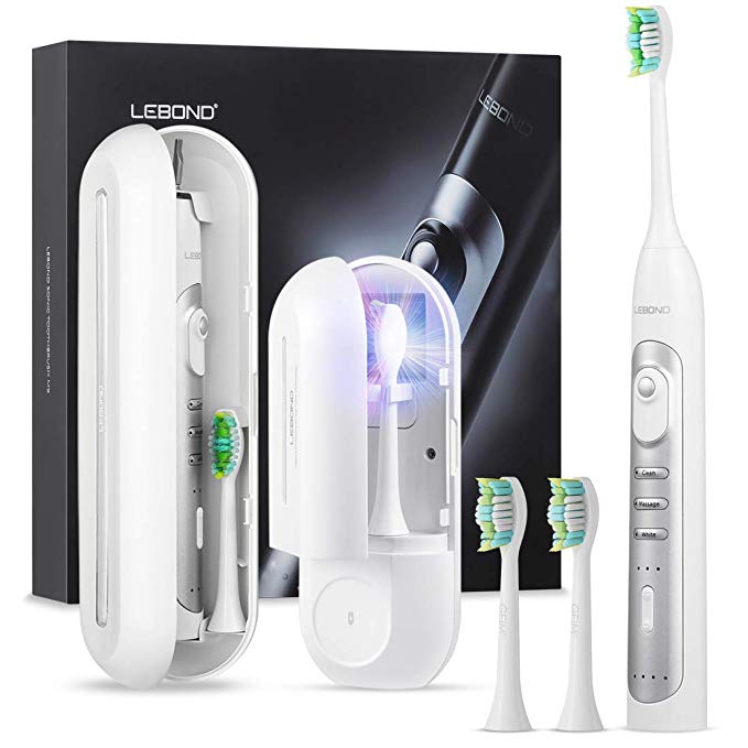 Electric Toothbrush with UV Sanitizer Charging Case & Travel Case, Lebond Sonic Rechargeable Toothbrushes Support Wireless Induction/USB Charging,9 Brushing Modes,Smart Timer & 2 Replacement Heads