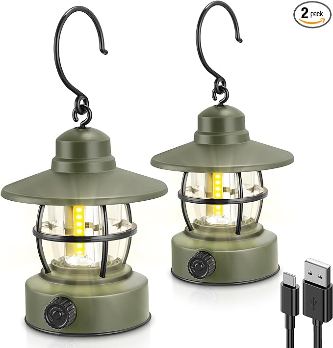Camping Lantern Rechargeable Battery Powered 【2 Pack】, Camping Gear Must Haves, Camping Accessories, Retro Camping Light Waterproof Hanging LED Tent Lamp for Outdoor Hiking Fishing (Dark Green)