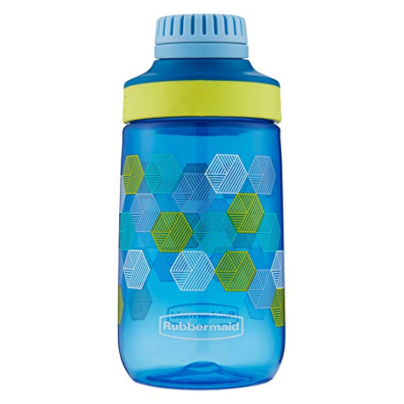 Rubbermaid Leak-Proof Chug Kids Water Bottle, 14 oz, Varsity Blue with Folded Hexagons Graphic