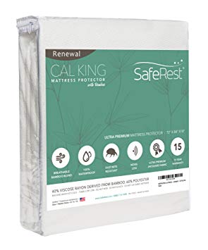 SafeRest Renewal Bamboo Derived Viscose Rayon Mattress Pad Protector Cover – Waterproof, Breathable, Hypoallergenic and Vinyl Free - Cal King Size