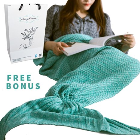 Mermaid Tail Blanket, Amyhomie Mermaid Crochet Blanket for Adult and Kids, All Season Sleeping Bag (Adult, Mint)
