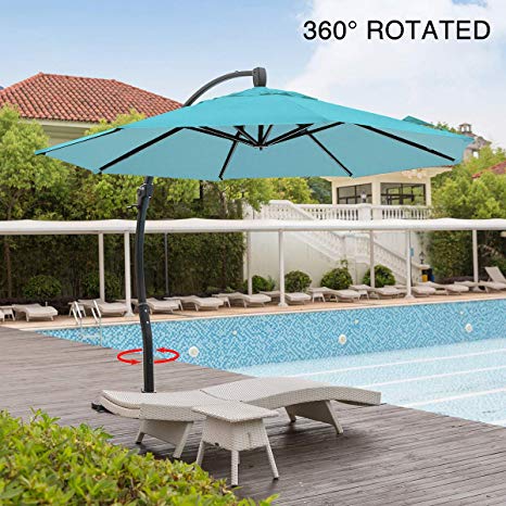 Mefo garden 11.5 Feet Offset Patio Umbrella, 360° Rotated Cantilever Umbrella with Tilt System for Outdoor Parties, Courtyard with Cross Base, Aluminum, 250gsm Round Canopy, Turquoise