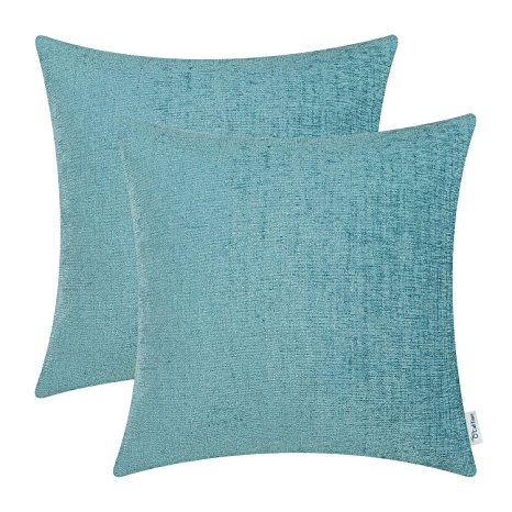 Pack of 2 CaliTime Throw Pillow Covers Cases for Couch Sofa Home Decor, Solid Dyed Soft Chenille, 18 X 18 Inches, Teal