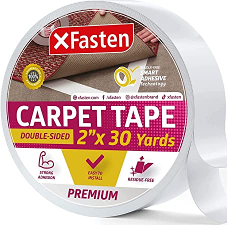XFasten Double Sided Carpet Tape for Area Rugs, Residue-Free, 2-Inch x 30 Yards; Wood Safe 2 Faced Rug Tape for Carpet to Floor and Rug to Carpet Applications