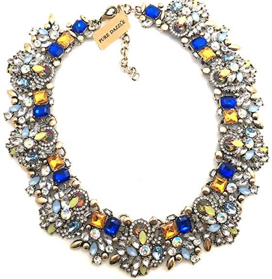 Pure Dazzle Gold Tone Chain Multi-Color Glass Crystal Collar Choker Statement Bib Necklace