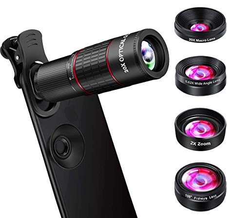 Phone Camera Lens, OVPPH Cell Phone Lens Kits 10 in 1-20X Telephoto Lens   Fisheye Lens   Wide Angle Lens   Macro Lens   Zoom Lens Compatible with iPhone 11 Pro Max X XS Max XR/8/7/6/6s Samsung