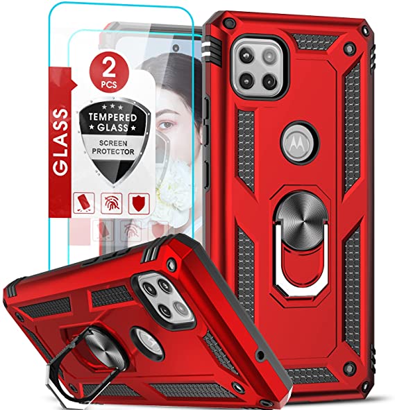 Motorola One 5G Ace Case, Moto One 5G Ace Case with [2 Packs] Tempered Glass Screen Protector, LeYi [Military-Grade] Phone Case Cover with Ring Kickstand for Motorola One 5G Ace, Red