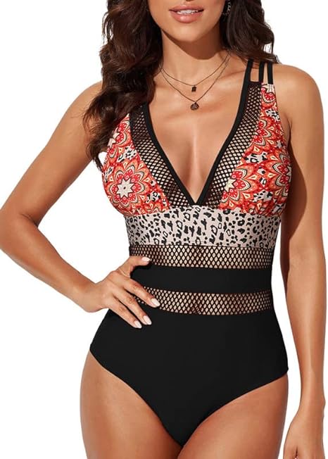 Bsubseach V Neck Women One-Piece Swimsuit Tummy Control Cross Strapped Back Bathing Suit