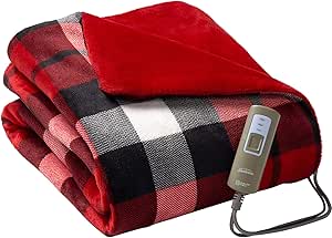 Sunbeam Velveteen Electric Heated Warming Throw Blanket Christmas Plaid Washable Auto Shut Off 3 Heat Settings