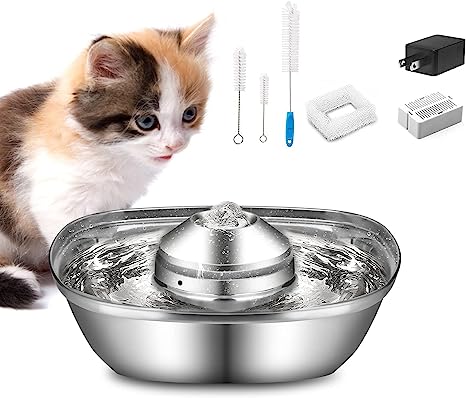 Lionpapa Cat Fountain Water Bowl: Stainless Steel Auto Water Dispenser for Cats with Ultra-Quiet Design, 85oz/2.5L Pet Fountain with Replacement Filter, Still Supply Water When Power Off, Fresh Water