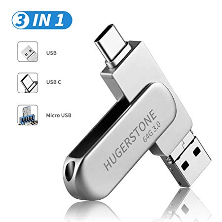 USB C Memory Stick HUGERSTONE USB C Flash Drive USB Stick 64GB 3 in 1 OTG Pen Drive with USB, Micro USB, Type-C Ports for Android Smartphone, Pad, MacBook and Laptop 64GB Silver