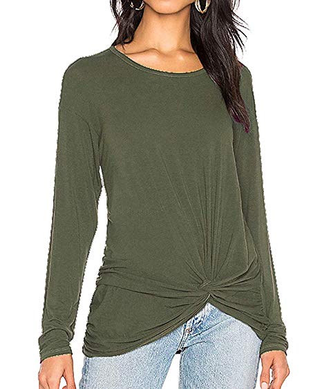 KEEMO Women's Crewneck Casual Loose Long Sleeve Twist Knot Front Tops T-Shirts