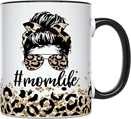 YouNique Designs Mom Life, Mom Mug, 11 Ounces, Unique Mothers Day Coffee Mug from Daughter and Son, Best Mom Ever Mug, Leopard Print Mom Coffee Cup, Gifts for Mom, Mom Mugs for Women (Black Handle)