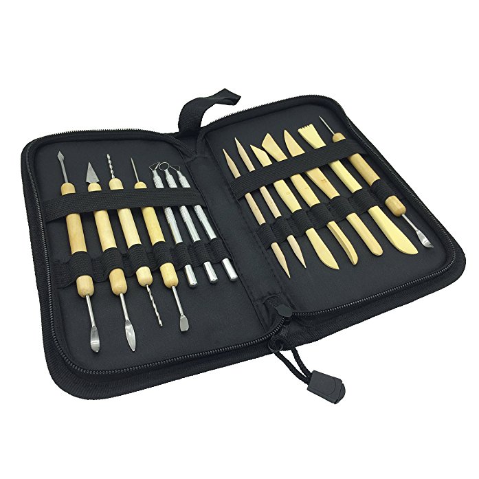 Wood Pottery Tool Set, Wartoon 14 Piece All-in-one Wood Clay Modeling Tools BoxWood Sculpey Sculpture Ceramic Tools Kit with Convient Carry Storage Case