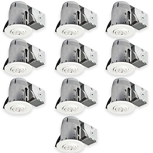 3" LED IC Rated Dimmable Downlight Swivel Spotlight Recessed Lighting Kit, Easy Install Push-N-Click Clips, Contractor's (10-Pack), 10x LED Bulbs Included, White Round Trim, Globe Electric 90953