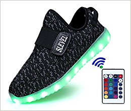 SLEVEL 16 Colors Breathable LED Light Up Shoes Flashing Sneakers for Kids Boys Girls (34/3 M US Little Kid, ThickenBlack)