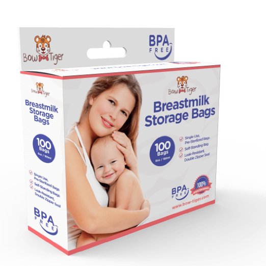 100 Breastmilk Storage Bags - 6oz  180ml Pre-Sterilized and BPA-FREE Bags Designed for Even and Faster Thawing with Leak Proof Mechanism by Bow-Tiger