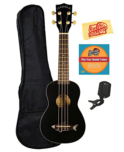 Kala MK-SS-BLK Makala Shark Soprano Ukulele - Blacktip Bundle with Gig Bag, Tuner, Austin Bazaar Instructional DVD, and Polishing Cloth