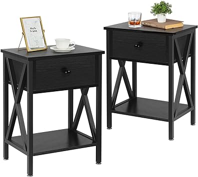 VECELO, Modern Bedside End Table Set of 2, Night Stand with Drawer and Storage Shelf for Living Room Bedroom, Industrial Metal Frame, 2 Nightstands, Dark Black