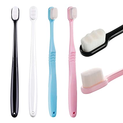 4 Pieces Extra Soft Micro-Nano Manual Toothbrush with 20,000 Bristles for Fragile Gums Adults Kids Children (Black, White, Pink, Blue)