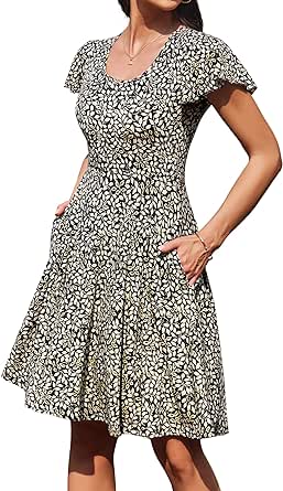 ACEVOG Women's Casual Dresses Flare Short Sleeve Summer Beach Dress with Pockets Floral Mini Swing Skater Dresses