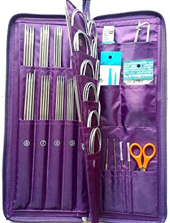 MAYMII 104 Pcs Knitting Kit Stainless Steel Knit Needles Straight Circular Needles Crochet Hook Needlework Hand Tool with Pu Bag