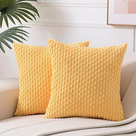 Fancy Homi 2 Packs Yellow Spring Decorative Throw Pillow Covers 18x18 Inch for Couch Bed Sofa, Modern Farmhouse Boho Home Decor, Soft Cute Plush Corduroy Cushion Case 45x45 CM