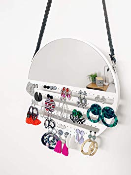 TILLYJ Hanging Earring Organizer for Women, Wall Mounted with Mirror, 12 inches - Unique Earring Organizer and Holder for Studs, Hooks, and Hoop Earrings - Decorative Storage Earring Display