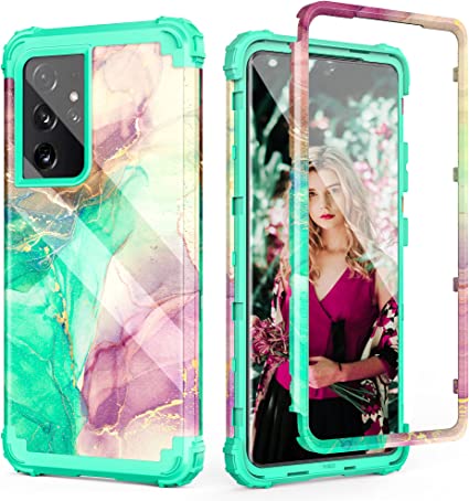 XIQI Compatible with Samsung Galaxy S21 Ultra Case Heavy Duty Hybrid 3 in 1 Shockproof Hard PC Bumper Soft Silicone Rubber Full-Body Protective Cover for Women/Girls(Mint Marble)