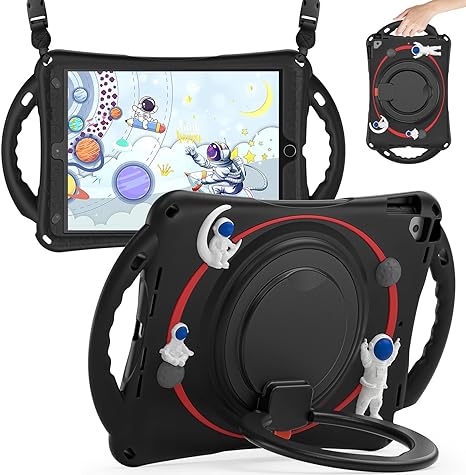 BATYUE Kids Case for iPad 9th 8th 7th Generation 10.2 inch 2021 2020 2019, with Rotating Stand, Pencil Holder, Carrying Strap, Lightweight Flexible Shockproof Boy Girl Cover, Astronaut Black