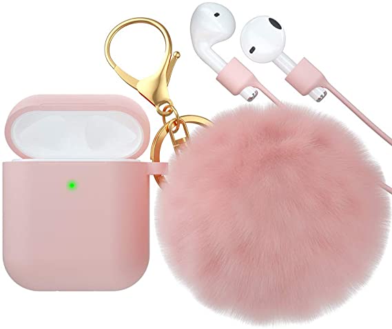 for Airpods Case, CTYBB Silicone Airpods Case Cover with Fur Ball Keychain Compatible with Apple Airpods 2/1-Front LED Visible