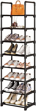 ALINK Narrow Shoe Rack 8Tiers Tall Shoe Rack for Entryway 18-20 Pairs Shoe and Boots Organizer Storage Shelf Space Saving Large Shoe Tower Durable Black Metal Stackable Shoe Cabinet