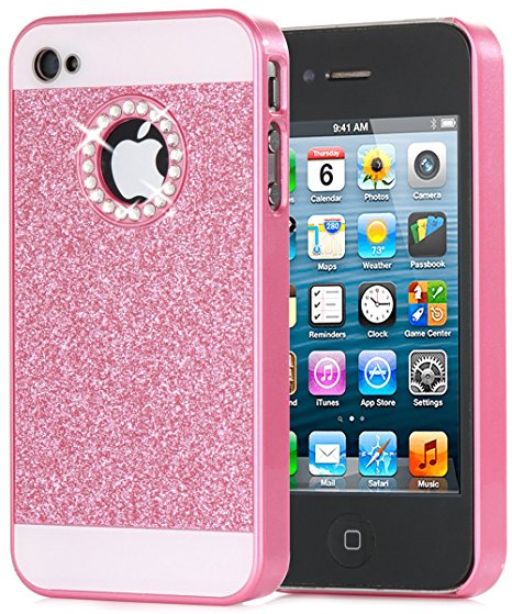 iPhone 4S Case, iPhone 4 Case, BENTOBEN Glitter Bling Sparkly Rhinestone Hybrid Slim Hard Cover Laminated with Luxury Shiny Synthetic Leather Protective Case for Apple iPhone 4/4S, Rose Red