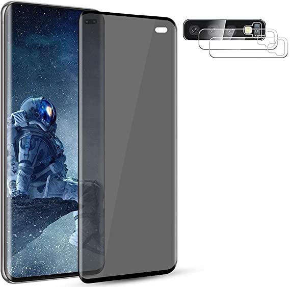 Galaxy S10 Plus (6.4") Privacy Screen Protector   2 Pack Camera Lens Protector, No Bubbles 3D Full Coverage 9H Hardness Tempered Glass Screen Protector, for Samsung Galaxy S10 Plus / S10